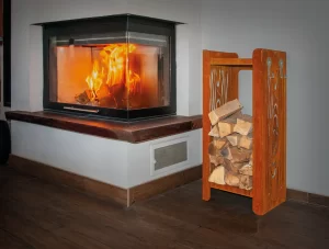 Caminetto con portalegna Corten color naturale eff. Legna_08-02-24